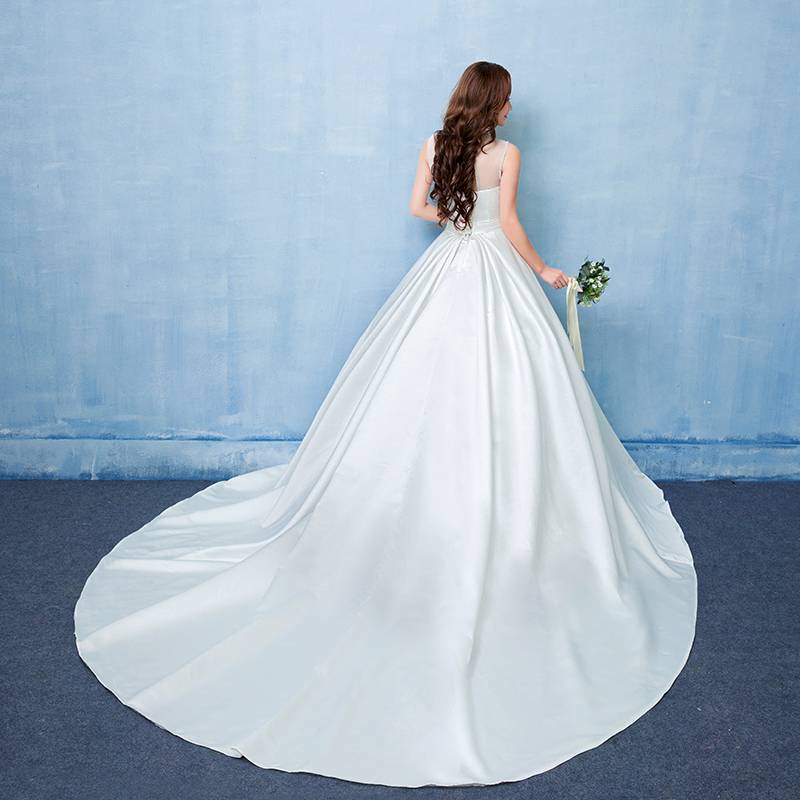 韩版婚纱新款拖尾后背绑带大拖尾白色婚纱批发HB0003