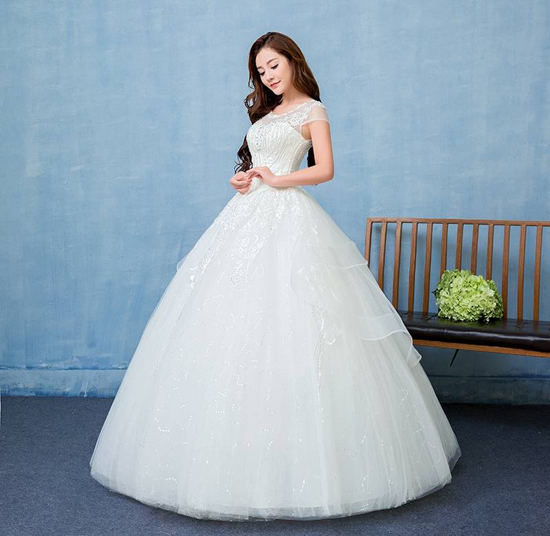 韩版蓬蓬裙婚纱礼服新款圆领细带齐地婚纱批发HB0005