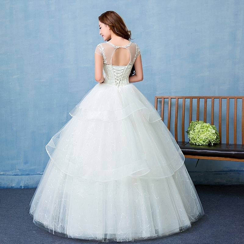 韩版蓬蓬裙婚纱礼服新款圆领细带齐地婚纱批发HB0005