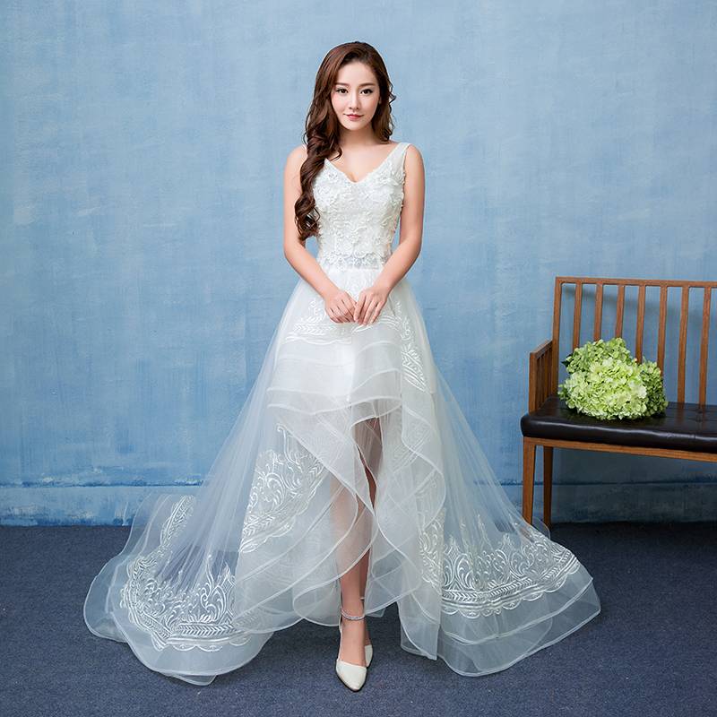 韩版前短后长婚纱礼服新款V字领小拖尾婚纱礼服HB0006