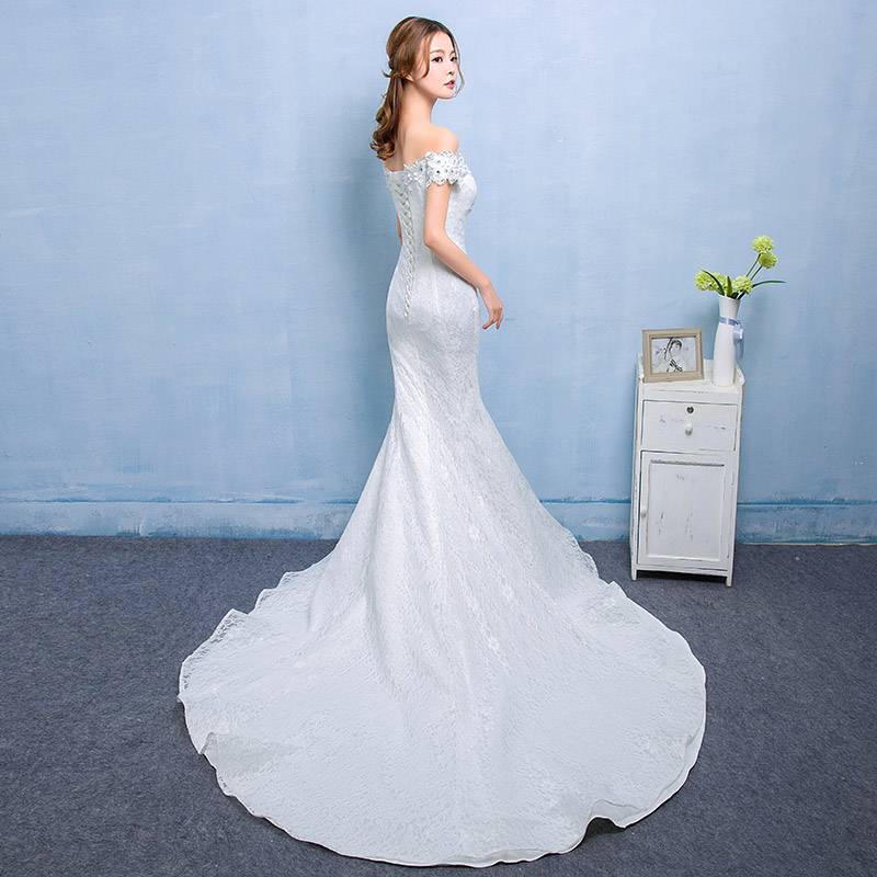 新款韩版包臀鱼尾婚纱礼服卡肩式一字肩婚纱定做HB0011
