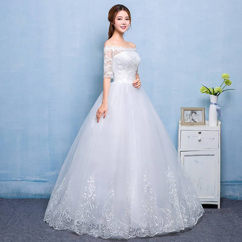 新款韩版婚纱定制批发一字肩蕾丝花边公主型婚纱HB0014