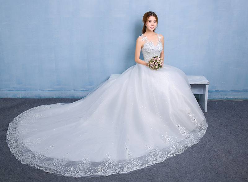 新款韩版拖尾婚纱定制白纱小拖尾韩式婚纱礼服批发HB0019