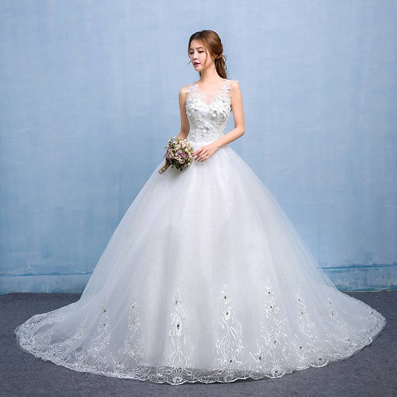 新款韩版拖尾婚纱定制白纱小拖尾韩式婚纱礼服批发HB0019