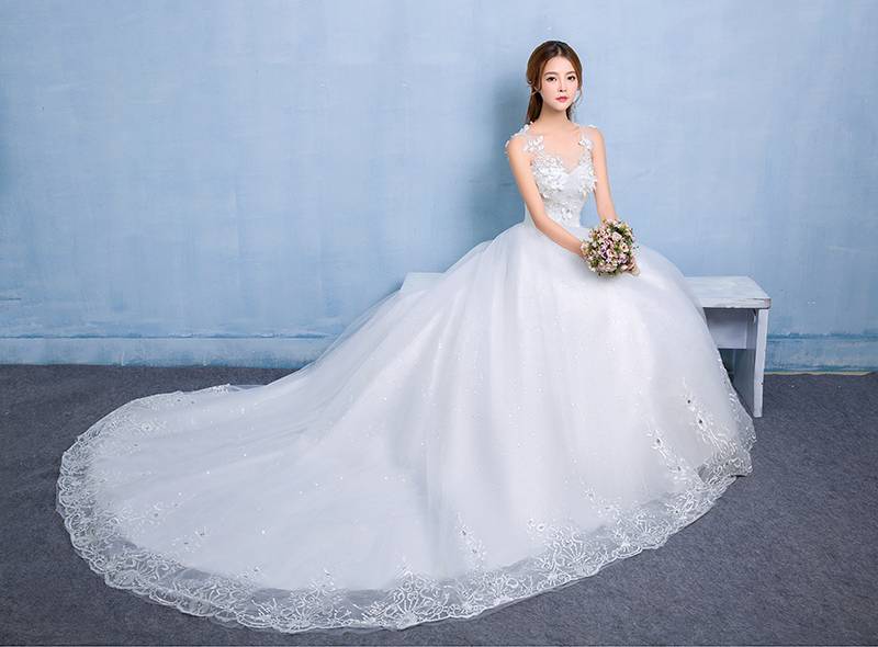 新款韩版拖尾婚纱定制白纱小拖尾韩式婚纱礼服批发HB0019