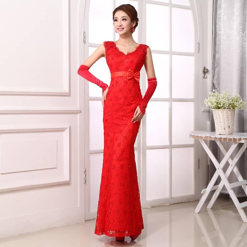 中式大红色晚礼服新款晚会舞台蕾丝伴娘礼服定做LIFU004