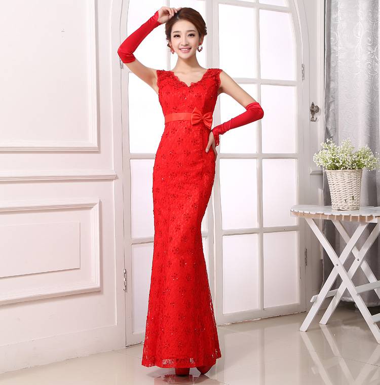 中式大红色晚礼服新款晚会舞台蕾丝伴娘礼服定做LIFU004
