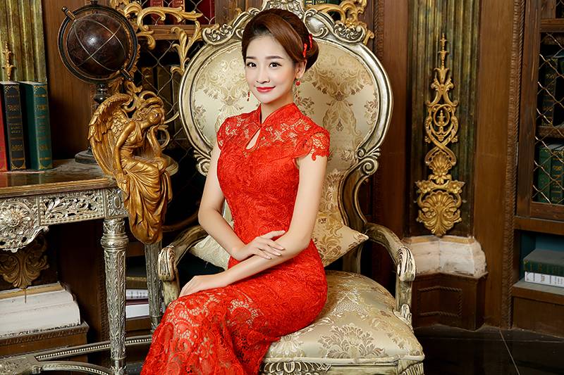 大红色长款改良水滴领旗袍女装新娘婚礼伴娘结婚礼服定做QP027