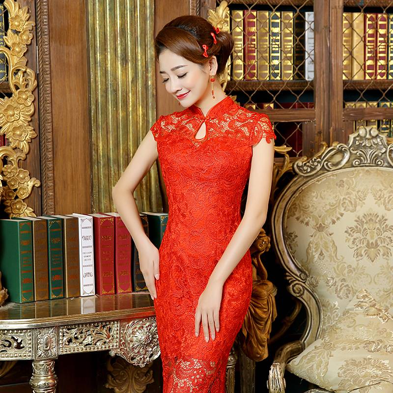 大红色长款改良水滴领旗袍女装新娘婚礼伴娘结婚礼服定做QP027