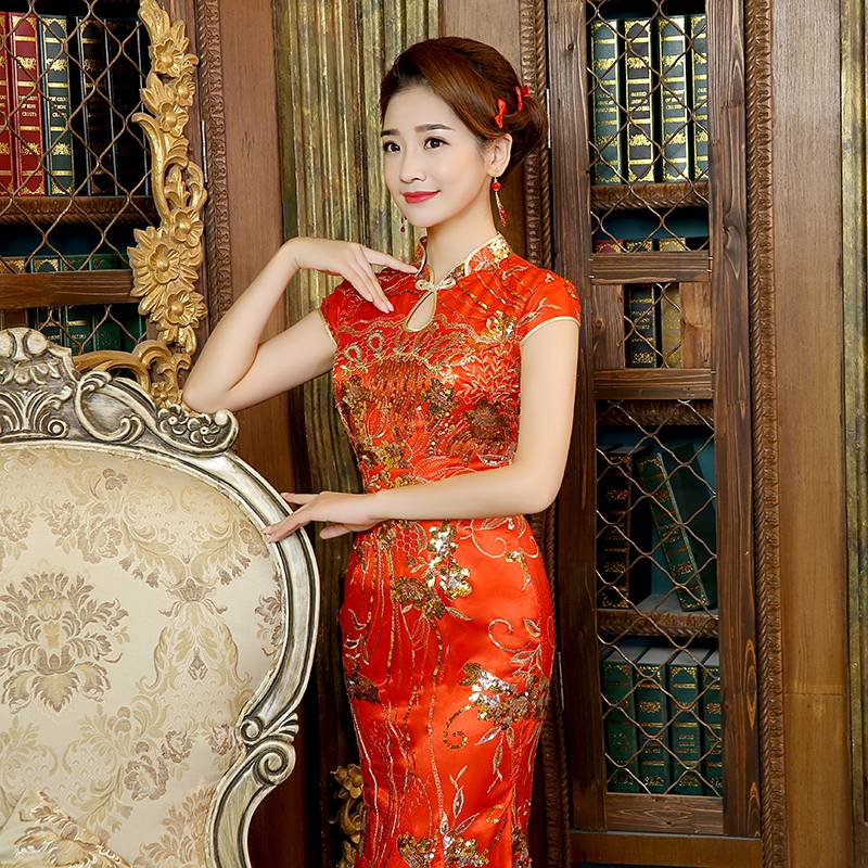 长款旗袍定做新款中式婚礼新娘伴娘晚礼服旗袍裙QP028